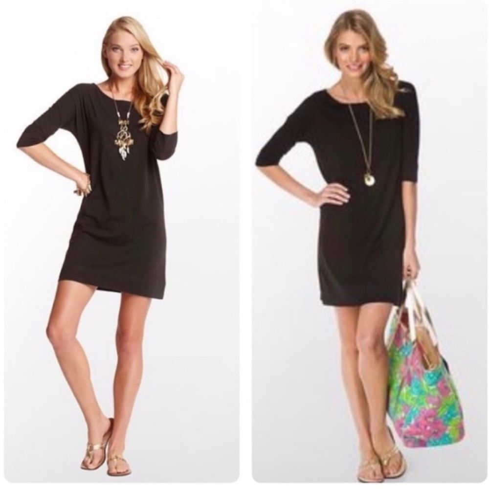Lilly Pulitzer Cassie Black Mini Shift Dress XS 100% Pima Cotton Elbow Sleeve